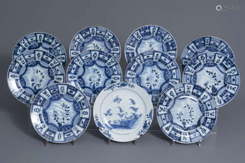 Eleven Chinese blue and white plates, Kangxi/Qianlong