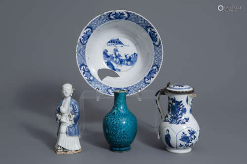 A Chinese blue and white jug and a bowl, a figure of a mother with child and a turquoise vase, Kangxi/Qianlong