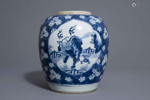 A Chinese blue and white 'mythical beast' ginger jar, Kangxi