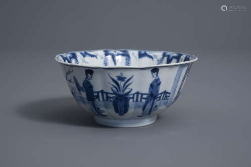 A lobed Chinese blue and white 'Long Eliza' bowl, Chenghua mark, Kangxi