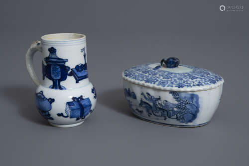 A Chinese blue and white jug with antiquities and a butter tub with Mongolian hunting scene, Kangxi/Qianlong