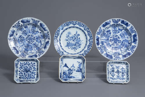 Three Chinese blue and white plates and three square teapot stands, Kangxi/Qianlong