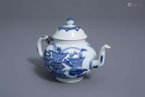 A Chinese blue and white teapot and cover with antiquities design, Jiajing mark, Kangxi