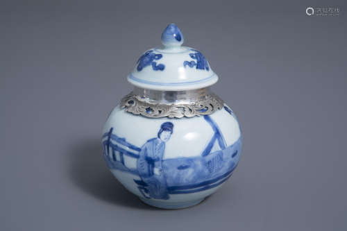 A Chinese blue and white silver-mounted vase and cover, Kangxi