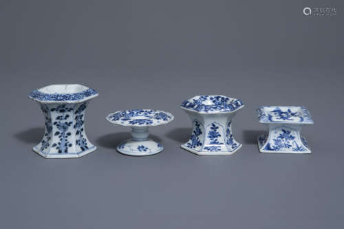 Four Chinese blue and white salts with floral design, Kangxi
