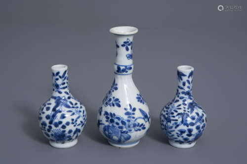 Three small Chinese blue and white vases with birds among blossoming branches, Kangxi and 19th C.