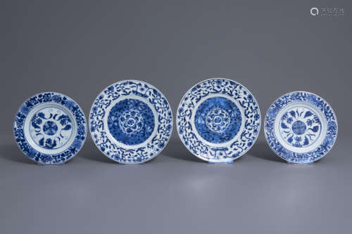 Two pairs of Chinese blue and white floral decorated plates, Kangxi