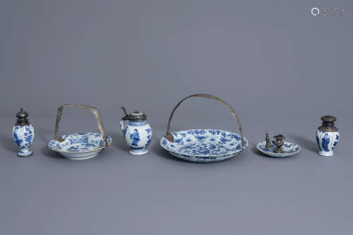 Three Chinese blue and white silver mounted plates, two vases and a jug, Kangxi