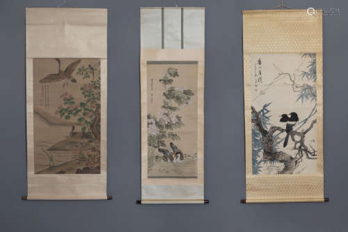 Three Chinese scroll paintings and prints with birds among flower branches, signed, 20th C.