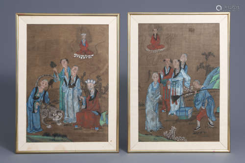 Chinese school, ink and colour on silk: Two mythological scenes, 19th C.