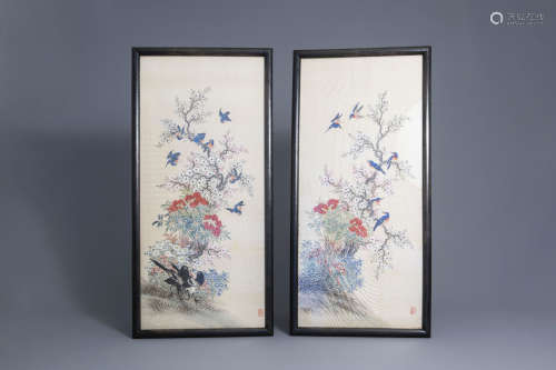 Chinese school, ink and colour on silk: Two flowery bushes with birds, Republic, first half 20th C.