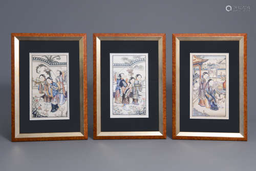Chinese school, 19th C., watercolour and ink on paper: three scenes depicting court ladies
