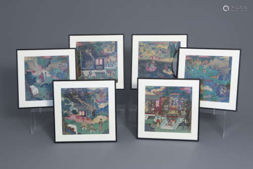 Chinese school, 19th/20th C., colour and ink on textile: six scenes with Immortals
