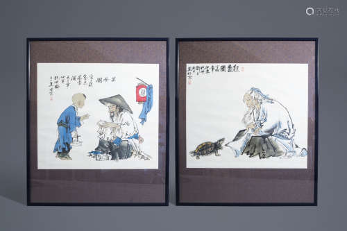 Chinese school, 20th C., colour and ink on paper: two scenes with elder men