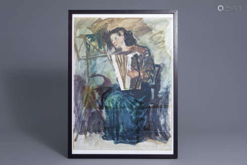 Chinese school, signed Sadji (Sha Qi, Sha Yinnian) (1914-2005), watercolour on paper: The female accordion player