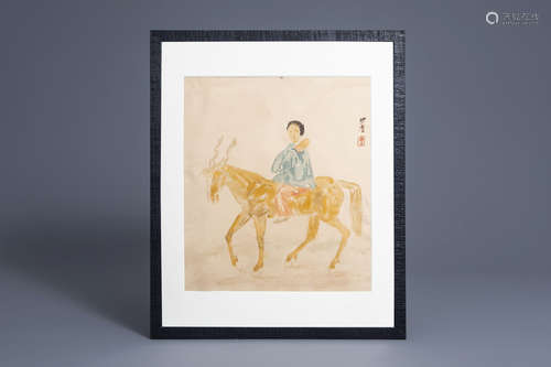 Chinese school, signed Sadji (Sha Qi, Sha Yinnian) (1914-2005), watercolour on paper: Chinese deity