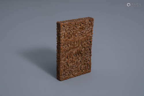 A Chinese carved wood business card holder, Canton, 19th C.