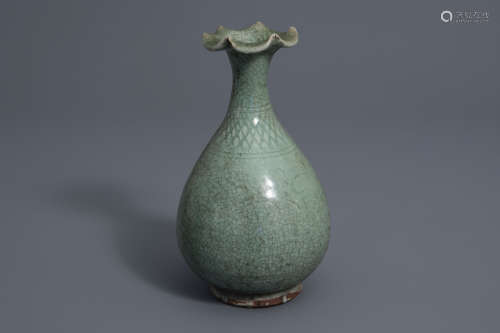 A Chinese Longquan celadon glazed yuhuchunping vase with underglaze design, Ming