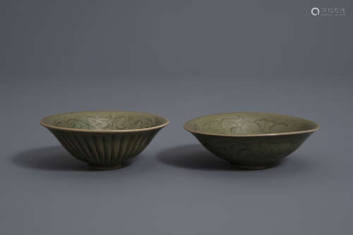 Two Chinese celadon yaozhou bowls with underglaze design, Song or later