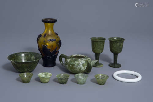 A varied collection of Chinese glass, hardstone and jade wares, 20th C.