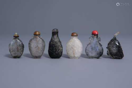 Six Chinese needle agate and crystal snuff bottles, 19th/20th C.