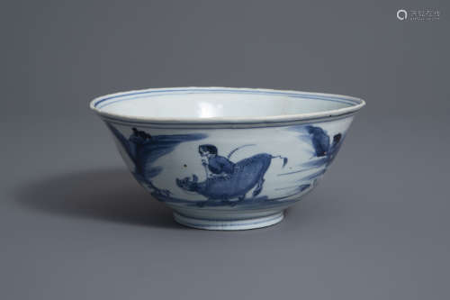 A Chinese blue and white 'boy on ox' bowl, Chenghua mark, Ming