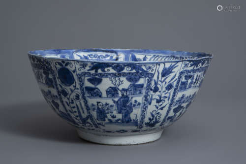 A large Chinese blue and white kraak porcelain bowl with figures, Wanli