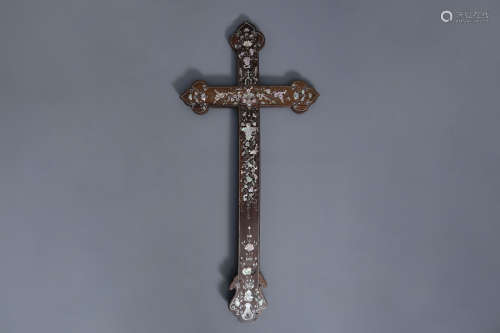 A Chinese mother-of-pearl inlaid wooden apostle cross, prob. Macau, 19th C.