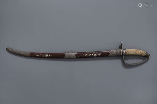 A Vietnamese ceremonial 'guom' sword with silver and mother-of-pearl inlaid wooden scabbard, 19th C.