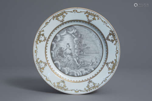 A Chinese grisaille mythological subject 'Juno' plate, Qianlong