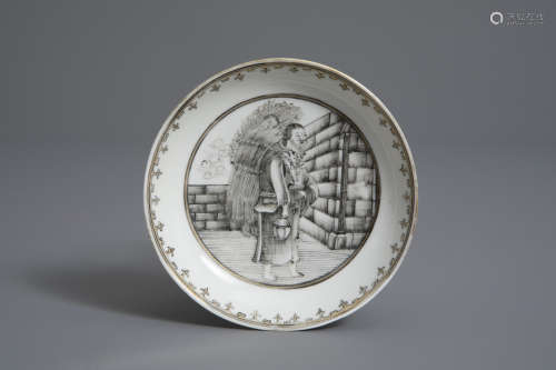 A Chinese grisaille 'Provender of the Monastery' saucer, Qianlong