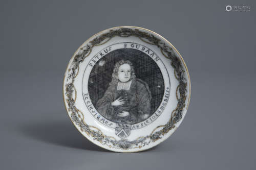 A Chinese grisaille saucer with the portrait of Petrus Boudaan, Qianlong