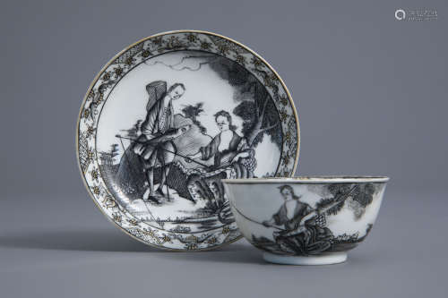 A Chinese grisaille cup and saucer with allegorical 'Agua' design, Qianlong