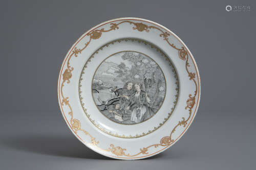 A Chinese grisaille 'Le départ des pèlerins pour l'île de Cythère' plate, Qianlong