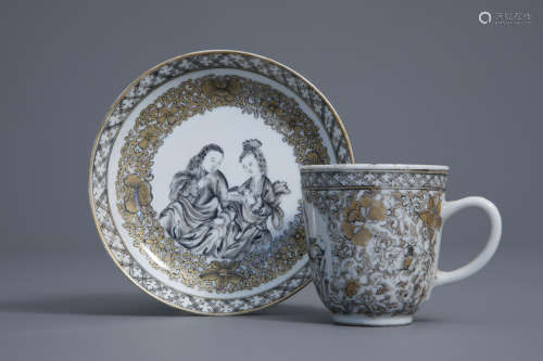 A Chinese grisaille cup and saucer with an amorous couple, Qianlong