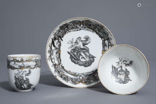 A Chinese grisaille 'Jupiter' bowl and a cup and saucer, Qianlong