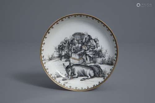 A Chinese grisaille 'Nativity' saucer, Qianlong