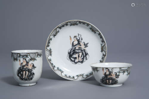 Two Chinese grisaille 'Venus and Cupid' cups and a saucer, Qianlong