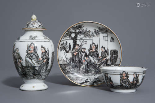A Chinese grisaille tea caddy with cup and saucer with outdoor scene with a spinner, Qianlong