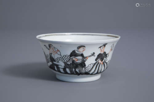 A Chinese grisaille bowl with cupid and musicians, Qianlong