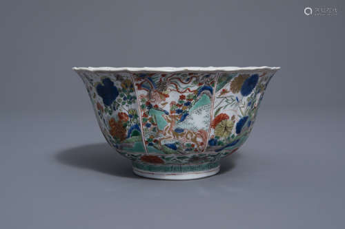 A lobed Chinese famille verte bowl with animals and mythical beasts, Kangxi