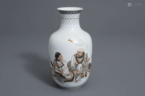 A Chinese grisaille and iron red vase with figures, 20th C.
