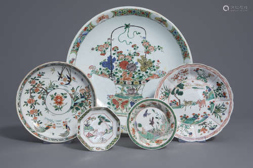 Five Chinese famille verte plates and dishes, Kangxi