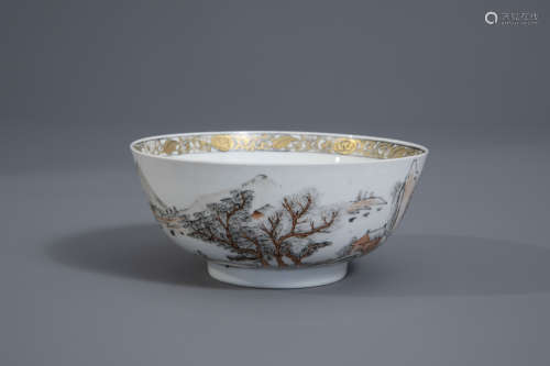 A Chinese gilt grisaille and iron red bowl with a landscape, Yongzheng