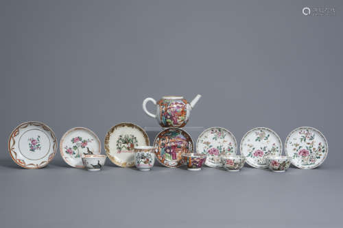 Seven Chinese famille rose saucers, five cups and a teapot, Qianlong