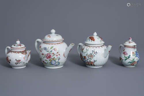 Three Chinese famille rose teapots and a covered jug, Qianlong