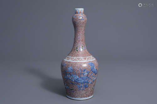 A Chinese Transitional style wucai bottle vase, 19th/20th C.