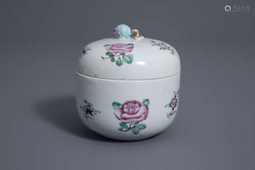 A Chinese famille rose jar and cover with floral design, Qianlong