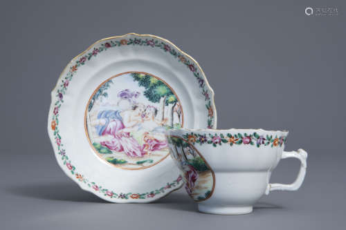 A Chinese famille rose 'Flora and Zephyr' cup and saucer, Qianlong