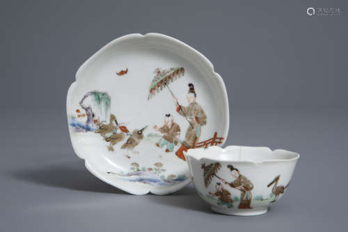 A Chinese famille rose cup and saucer after Cornelis Pronk, Qianlong